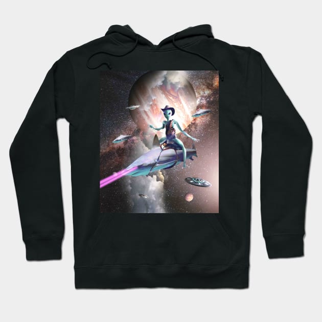 Cowboy Space Alien Riding Laser Shark Hoodie by Random Galaxy